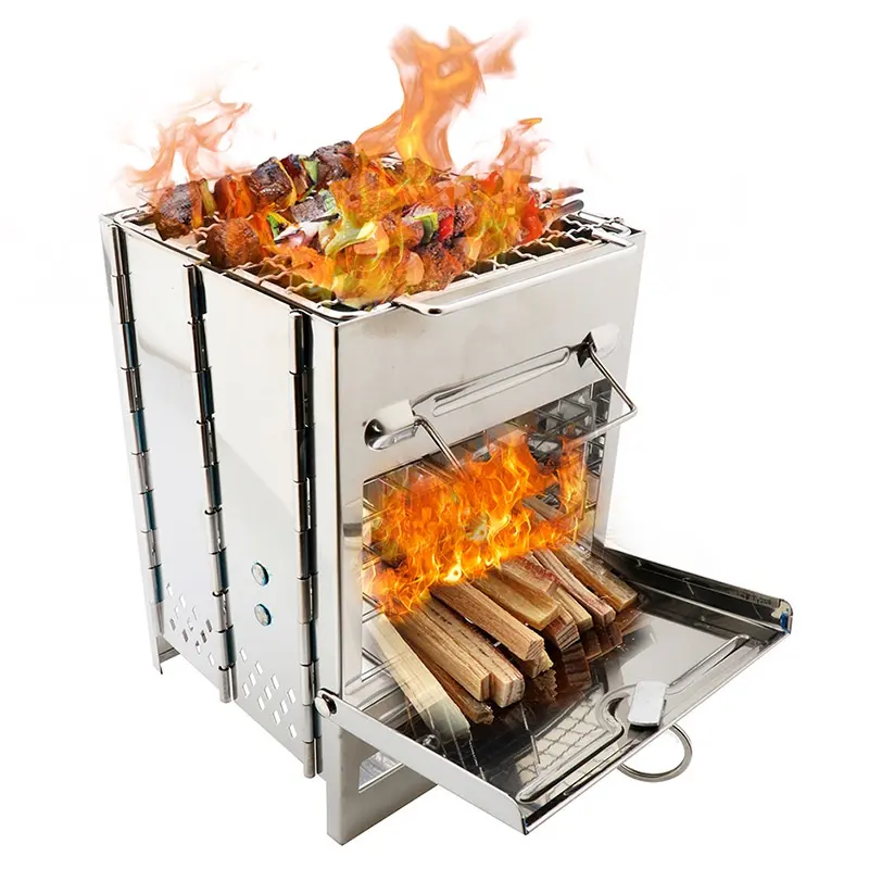 Square wood stove Outdoor Barbecue Stove Portable Lightweight Stainless Steel Camping 