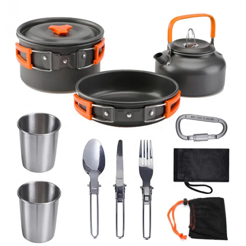 Hot selling outdoor supplies 2-3 people camping POTS with portable teapot cover pot combination 