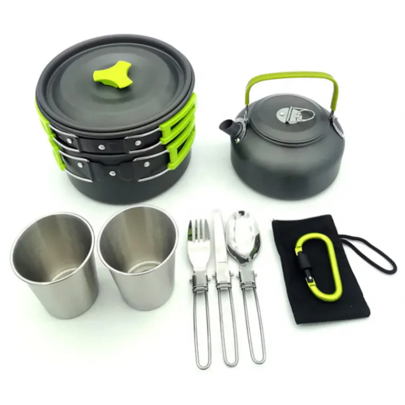 Hot selling outdoor supplies 2-3 people camping POTS with portable teapot cover pot combination 