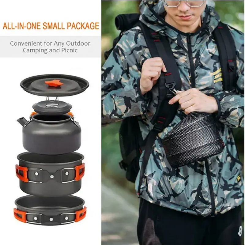 Hot selling outdoor supplies 2-3 people camping POTS with portable teapot cover pot combination 